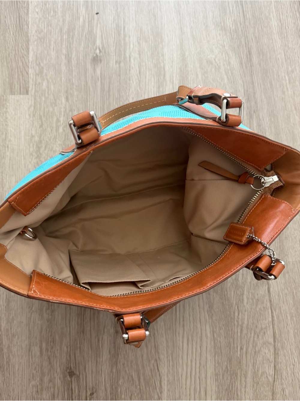 Coach Turquoise Tote with Brown Leather Trim - Picture 2 of 2
